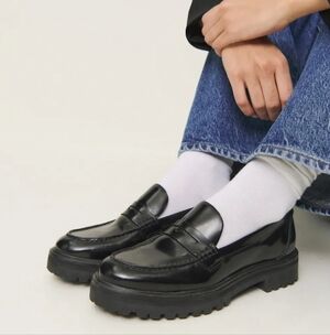 Reformation Agathea Black Chunky Penny Loafers Leather Lug Sole 7.5 Retails $268